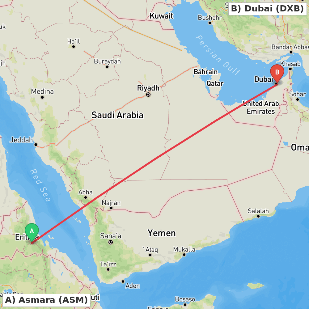 Flight route map from Asmara to Dubai