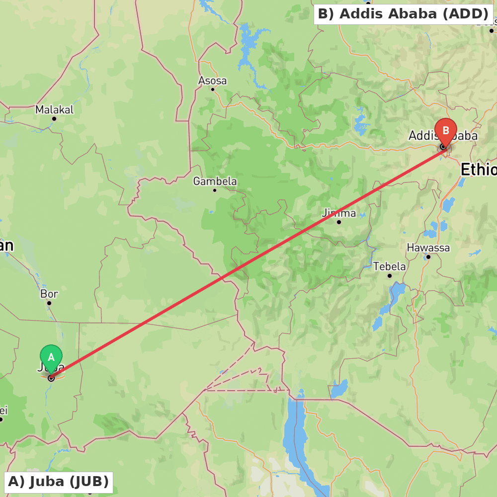 Flight route map from Juba to Addis Ababa