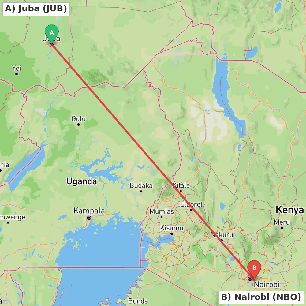Flight route map from Juba to Nairobi