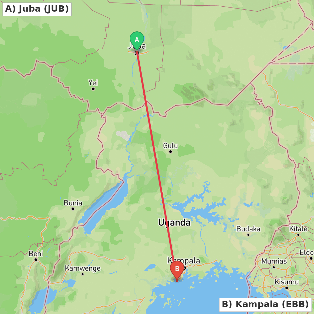Flight route map from Juba to Kampala