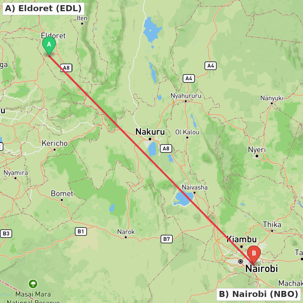 Flight route map from Eldoret to Nairobi