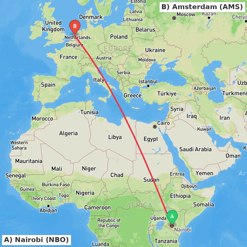 Flight route map from Nairobi to Amsterdam