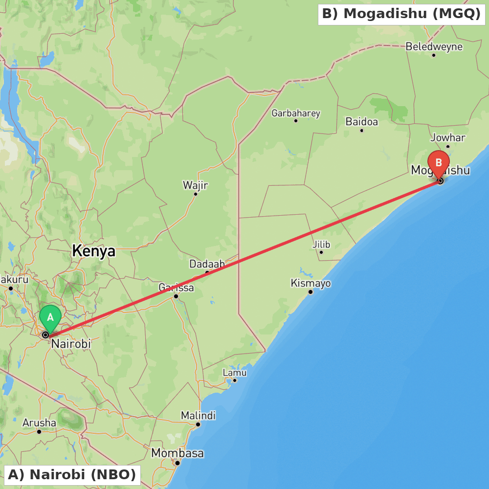Flight route map from Nairobi to Mogadishu