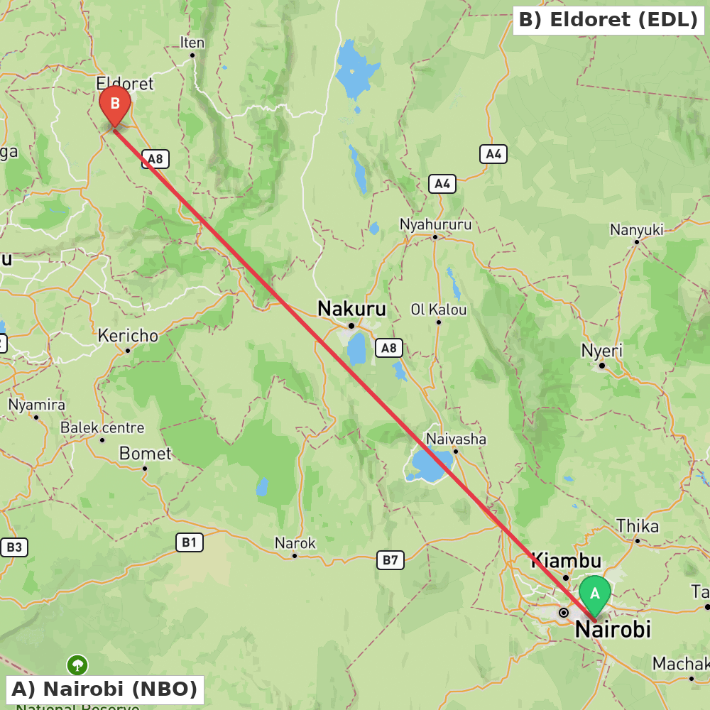 Flight route map from Nairobi to Eldoret