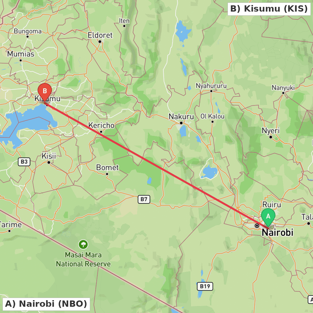 Flight route map from Nairobi to Kisumu