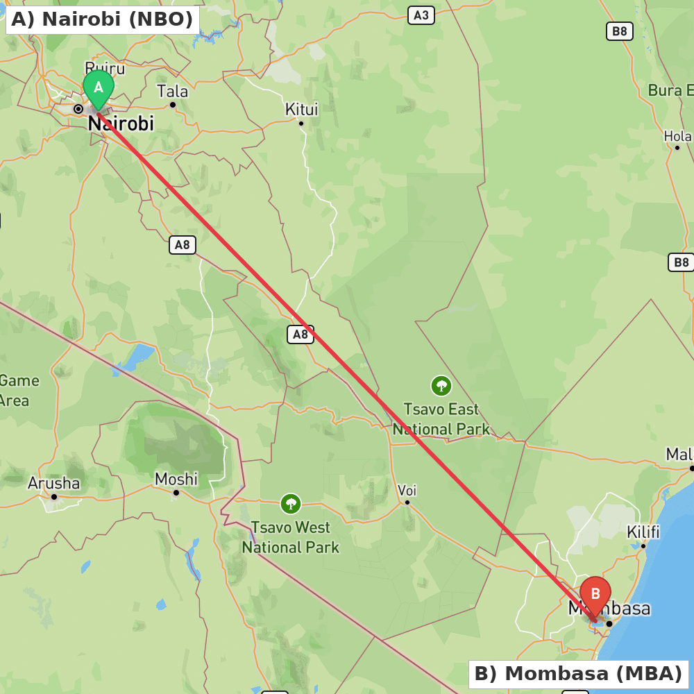 Flight route map from Nairobi to Mombasa