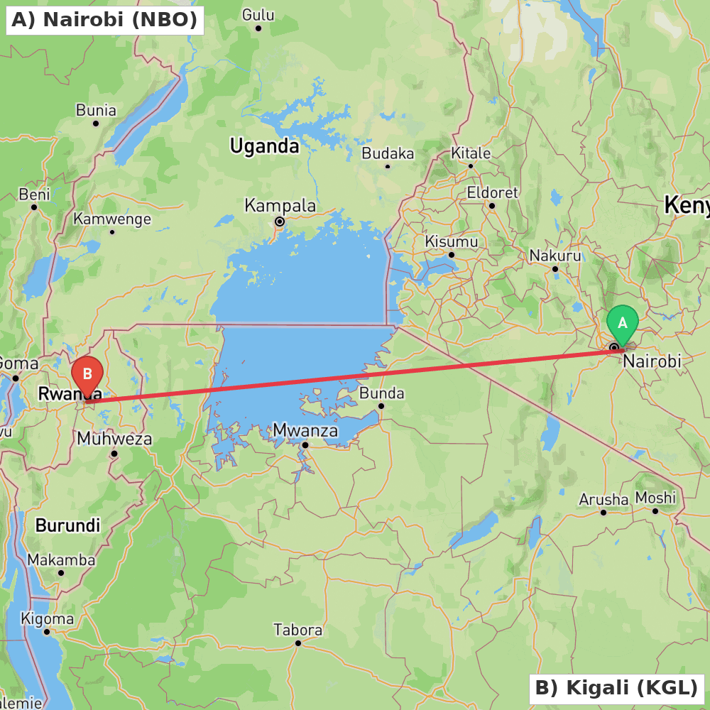 Flight route map from Nairobi to Kigali
