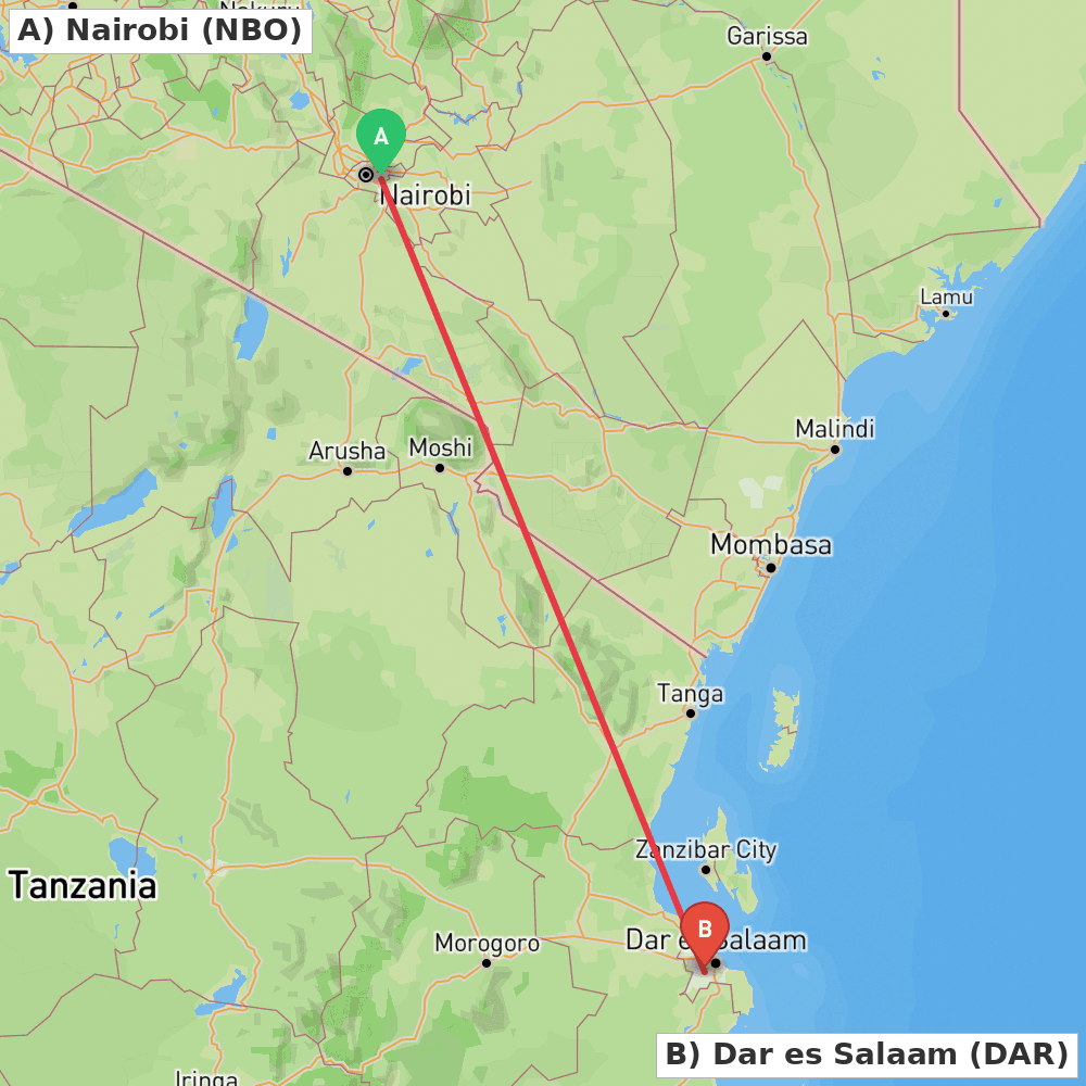 Flight route map from Nairobi to Dar es Salaam