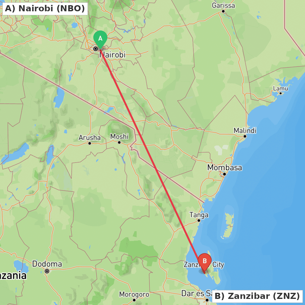 Flight route map from Nairobi to Zanzibar