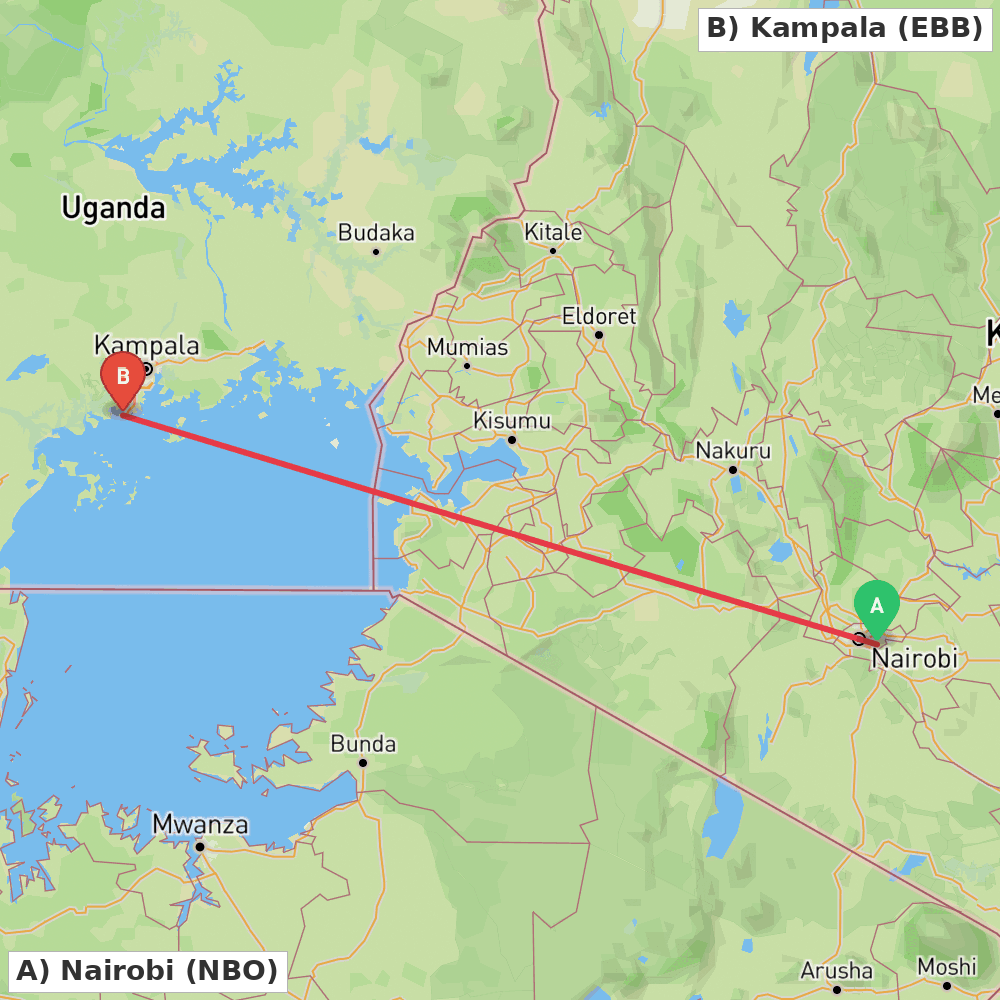 Flight route map from Nairobi to Kampala