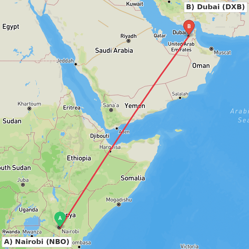 Flight route map from Nairobi to Dubai