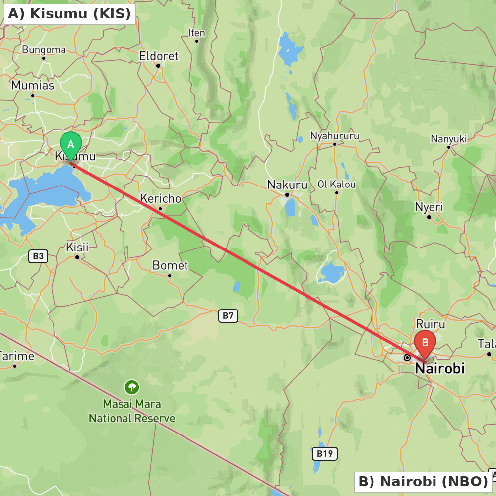 Flight route map from Kisumu to Nairobi