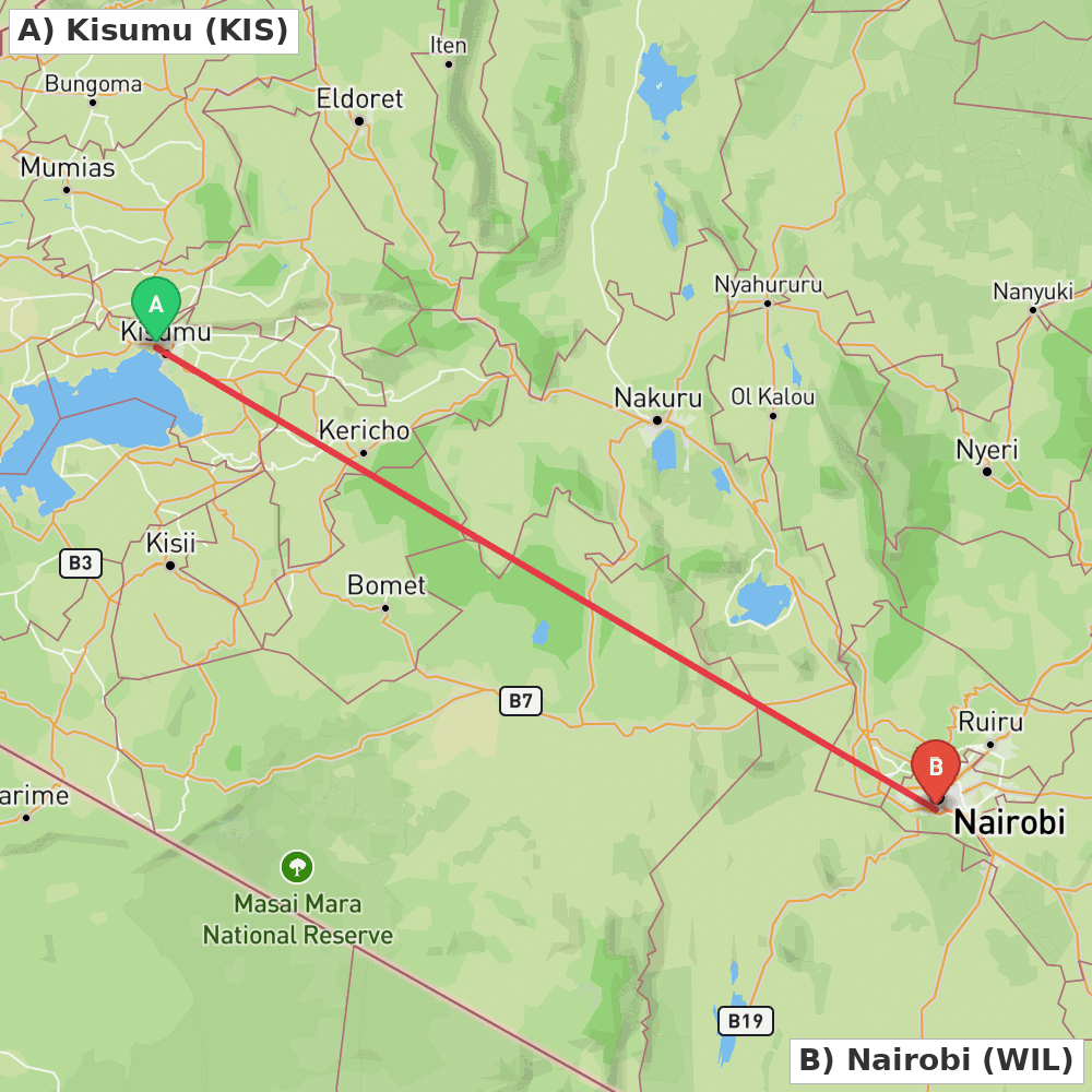 Flight route map from Kisumu to Nairobi