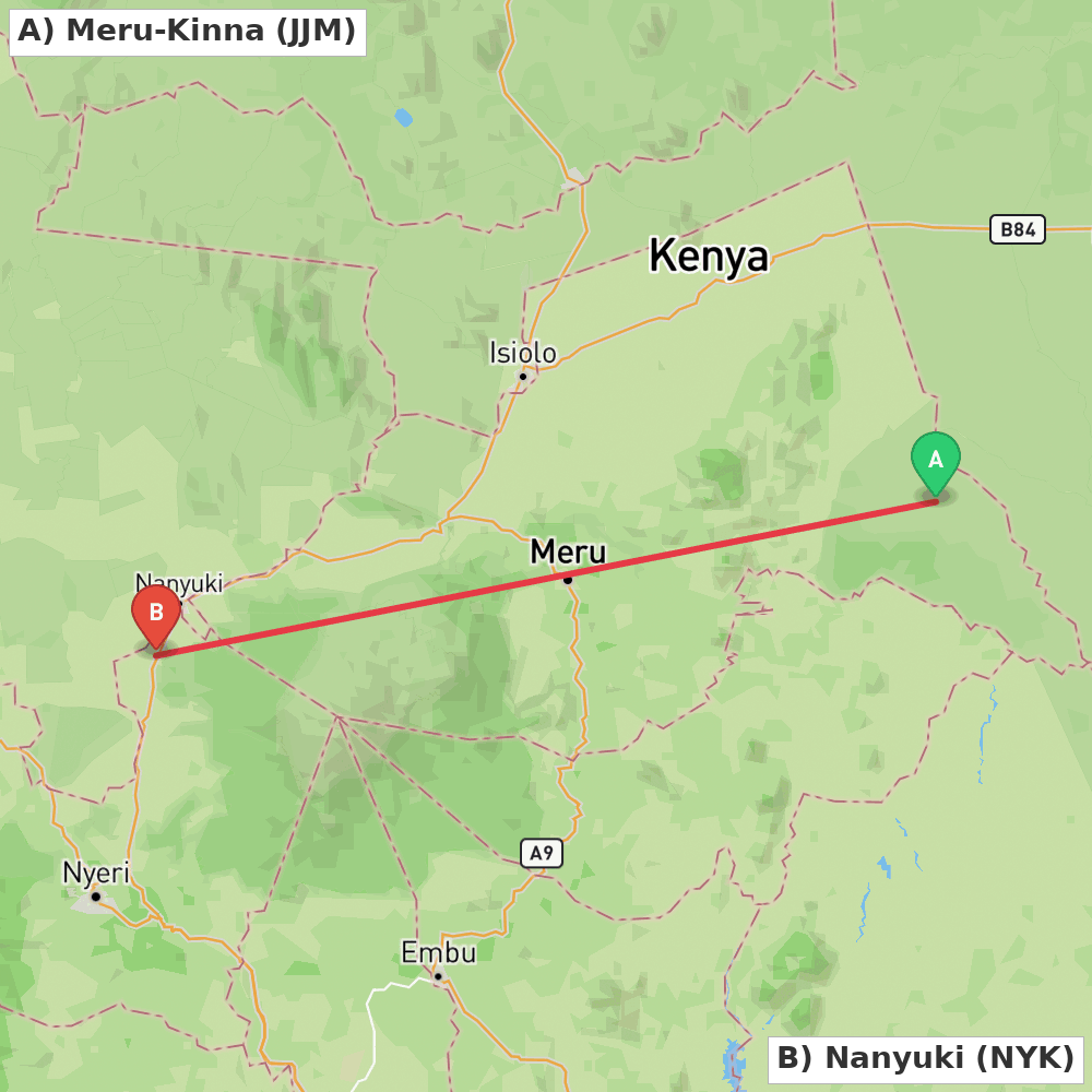Flight route map from Meru-Kinna to Nanyuki