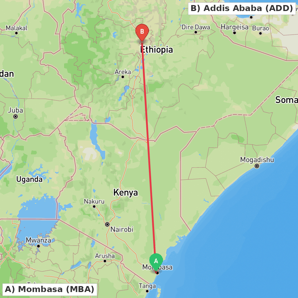 Flight route map from Mombasa to Addis Ababa