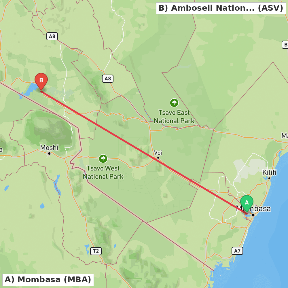 Flight route map from Mombasa to Amboseli National Park