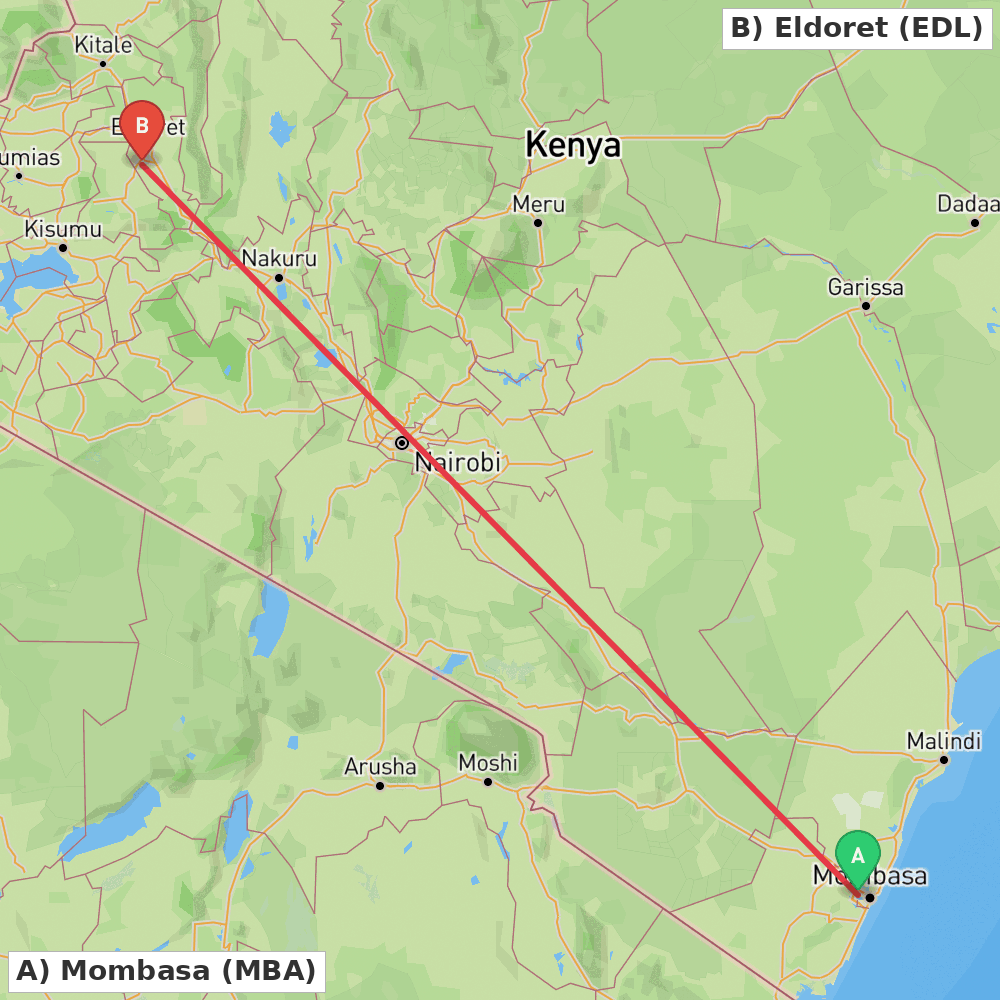 Flight route map from Mombasa to Eldoret
