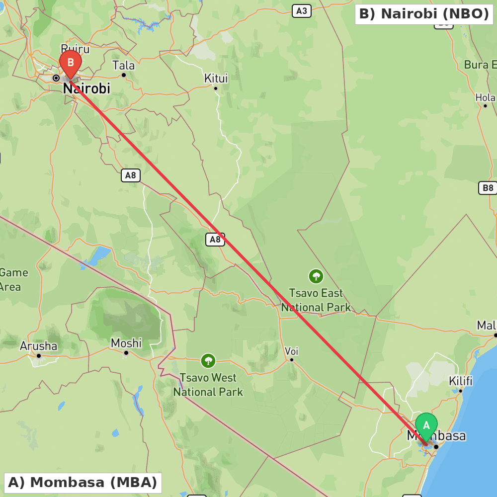 Flight route map from Mombasa to Nairobi