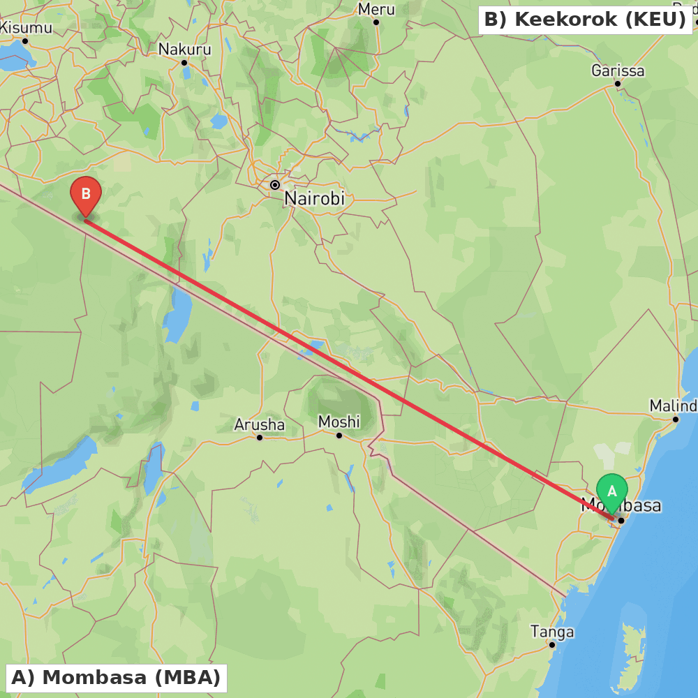 Flight route map from Mombasa to Keekorok