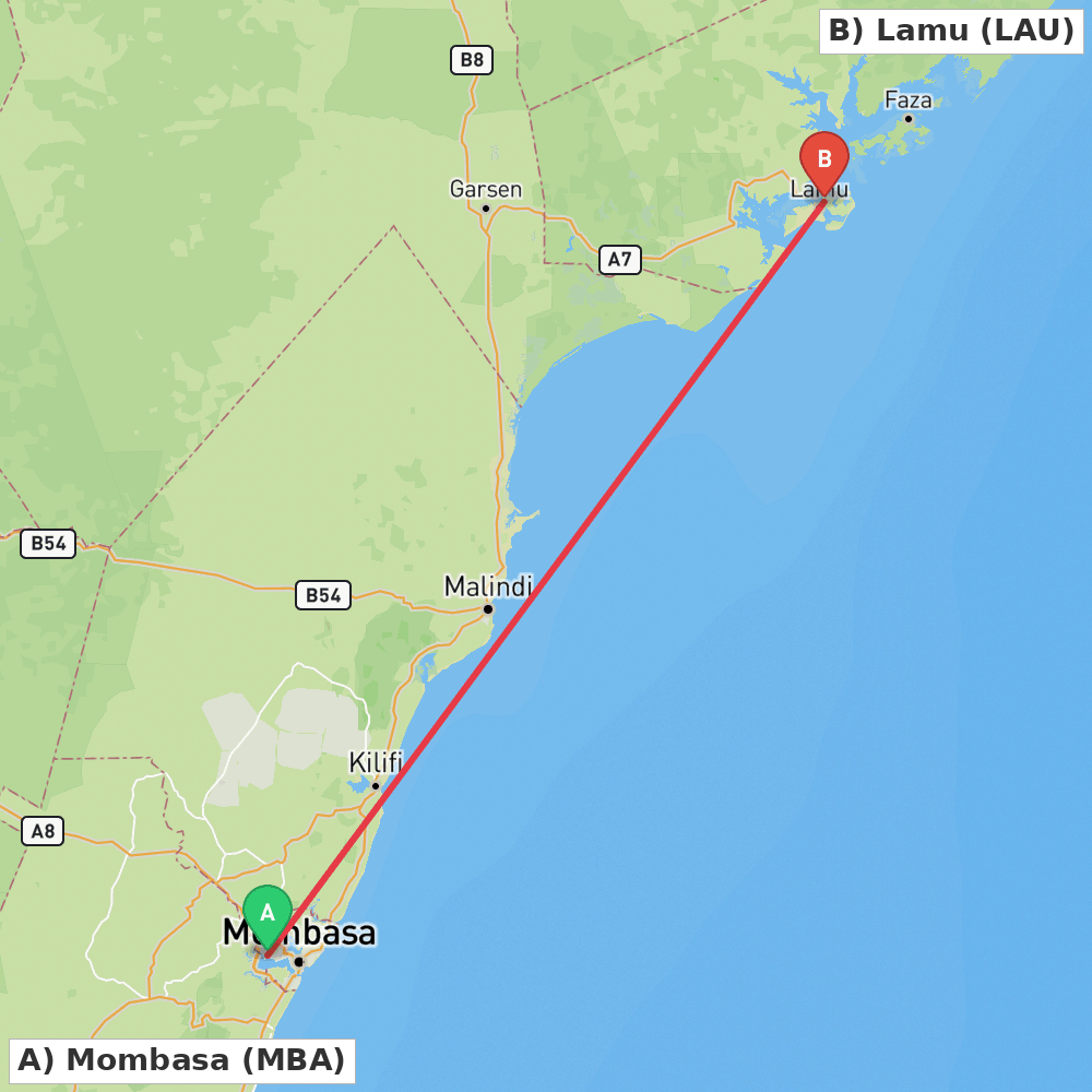 Flight route map from Mombasa to Lamu
