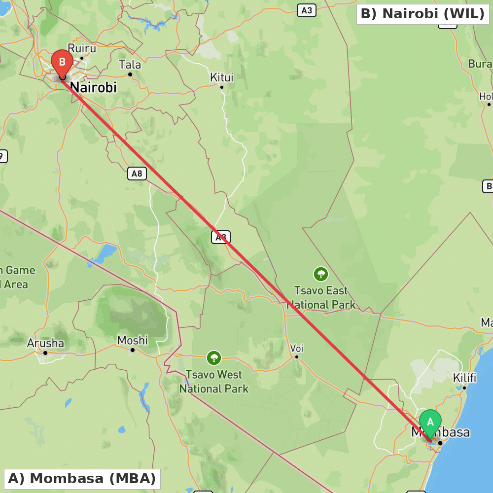 Flight route map from Mombasa to Nairobi