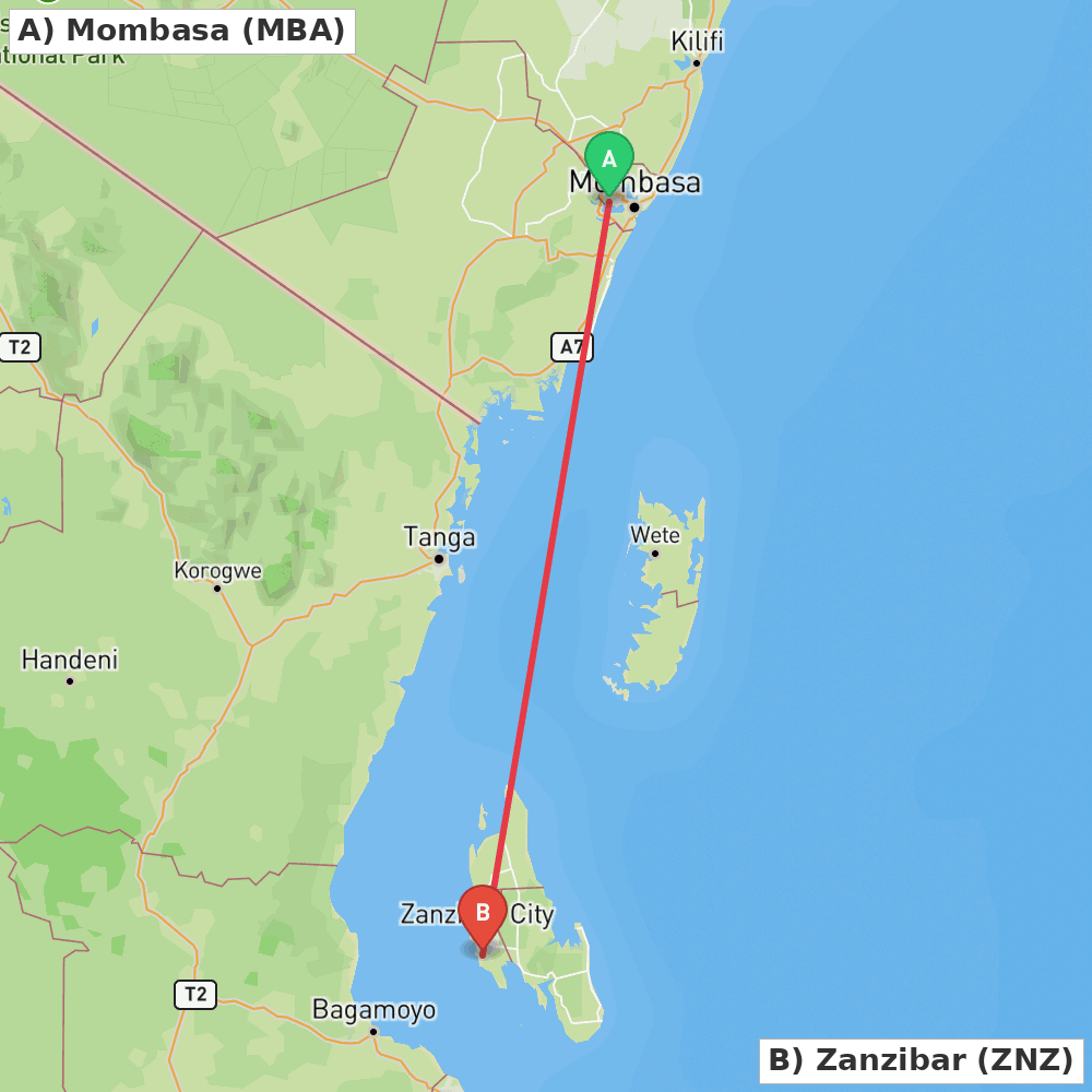 Flight route map from Mombasa to Zanzibar