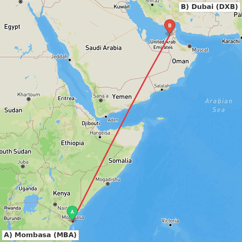 Flight route map from Mombasa to Dubai
