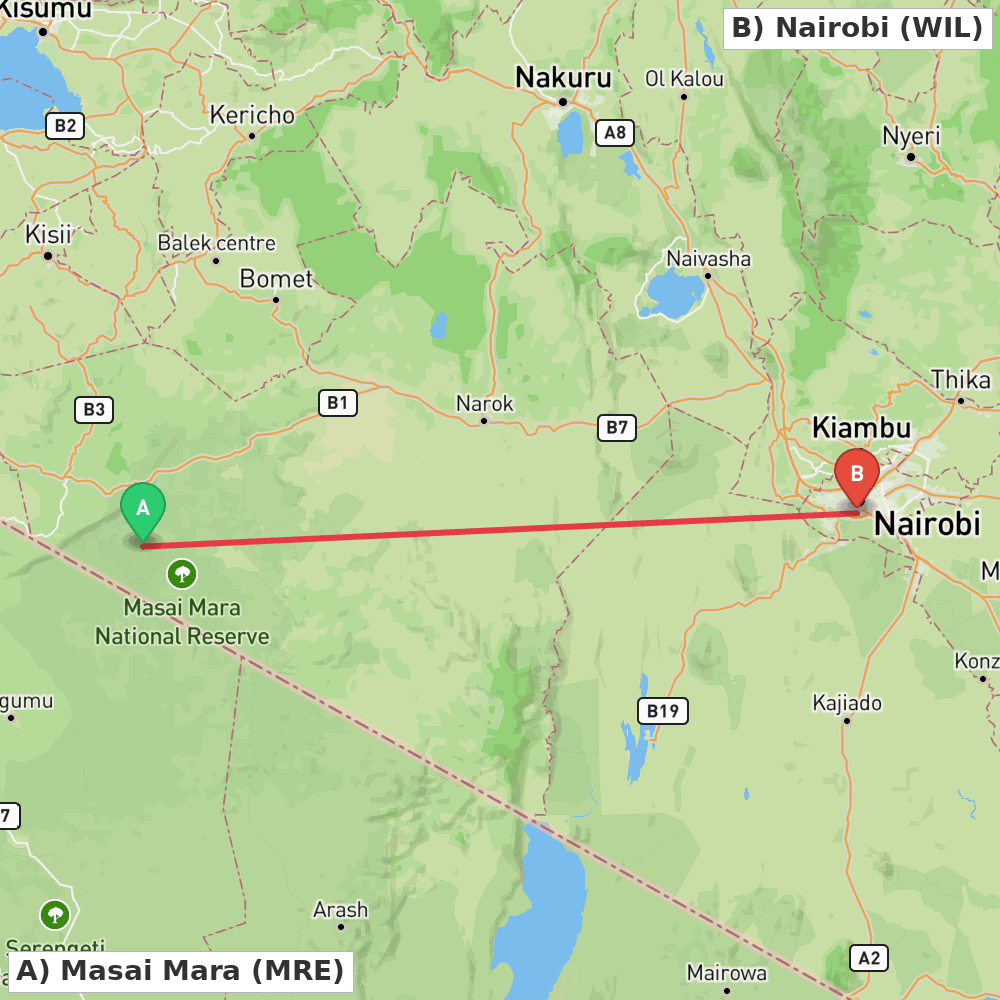 Flight route map from Masai Mara to Nairobi