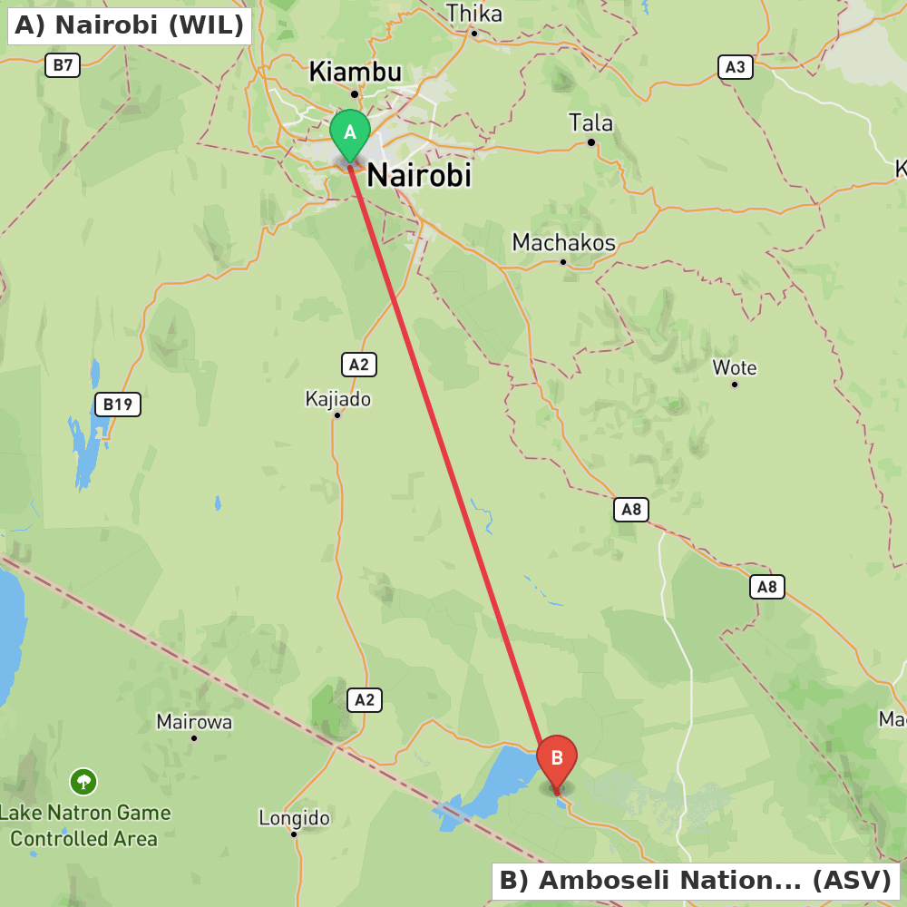 Flight route map from Nairobi to Amboseli National Park