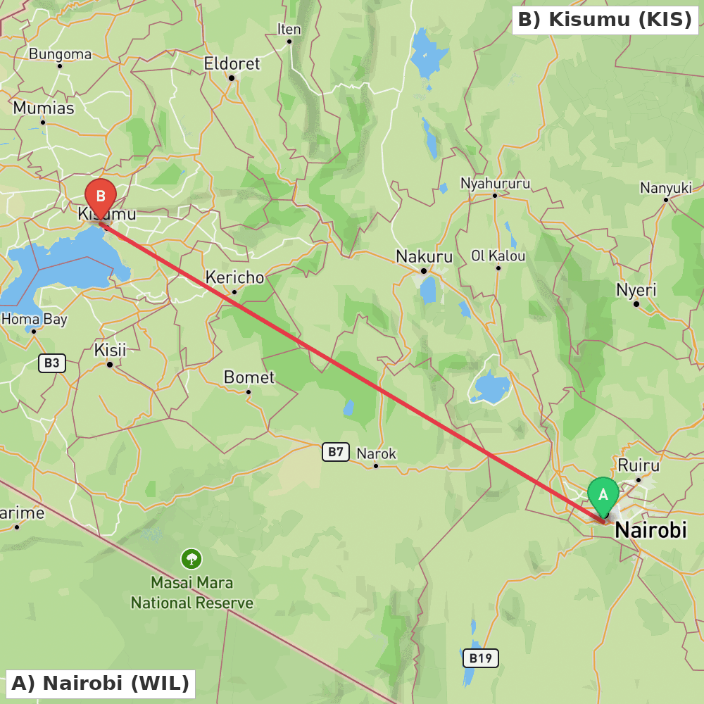 Flight route map from Nairobi to Kisumu