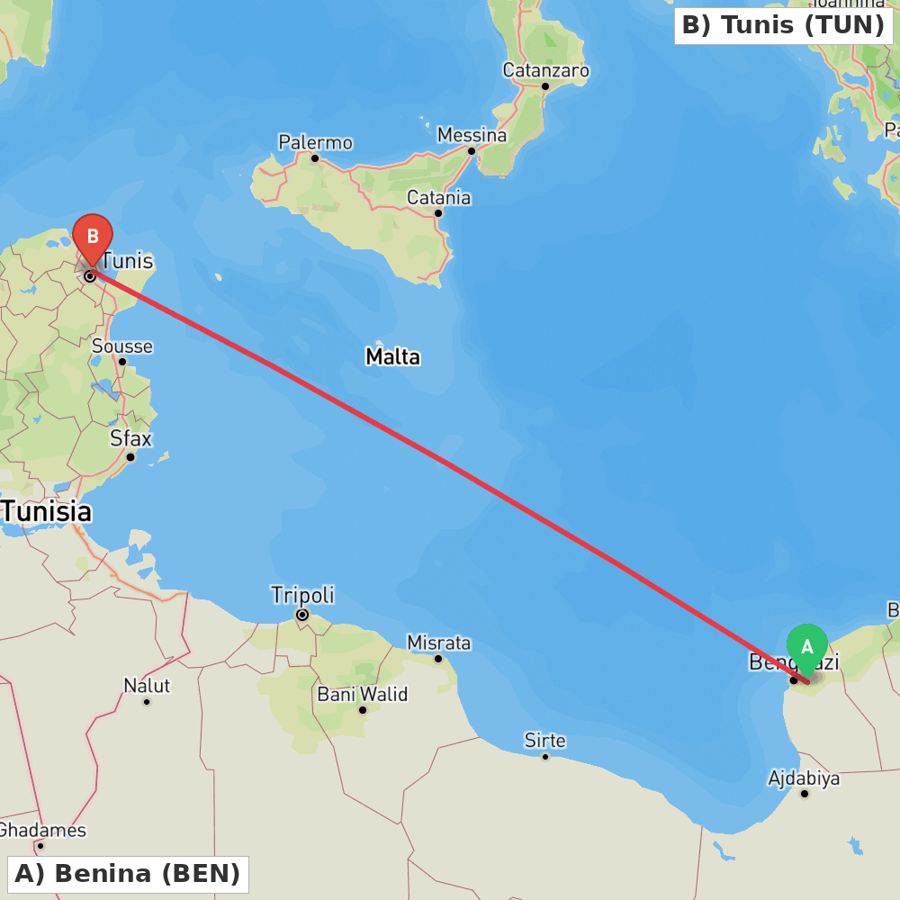 Flight route map from Benina to Tunis