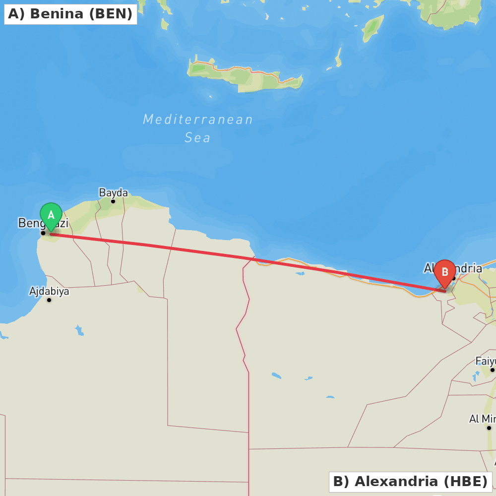 Flight route map from Benina to Alexandria