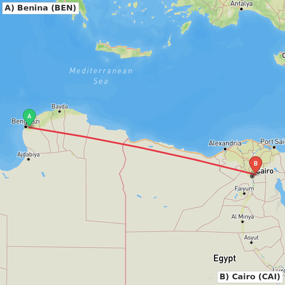 Flight route map from Benina to Cairo