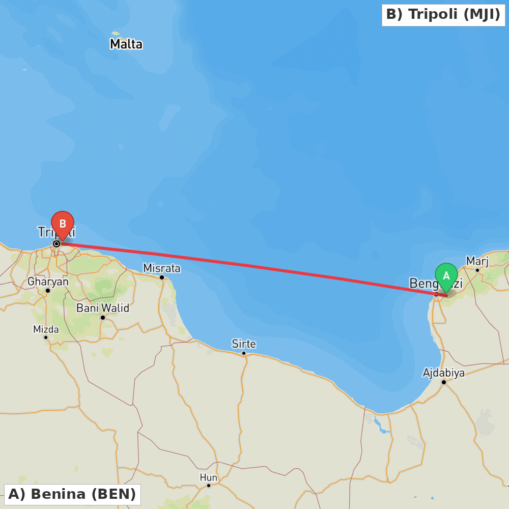 Flight route map from Benina to Tripoli