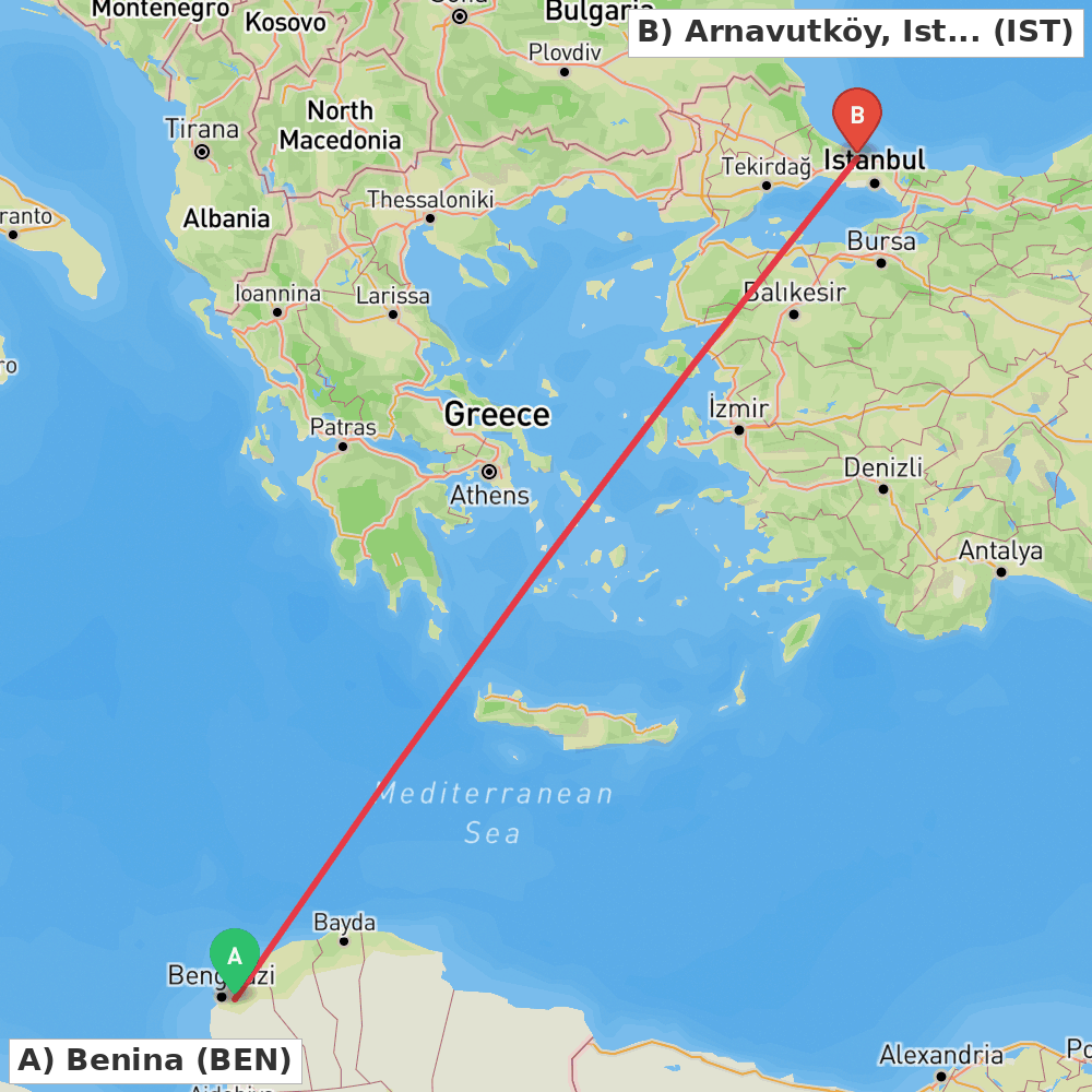 Flight route map from Benina to Arnavutköy, Istanbul