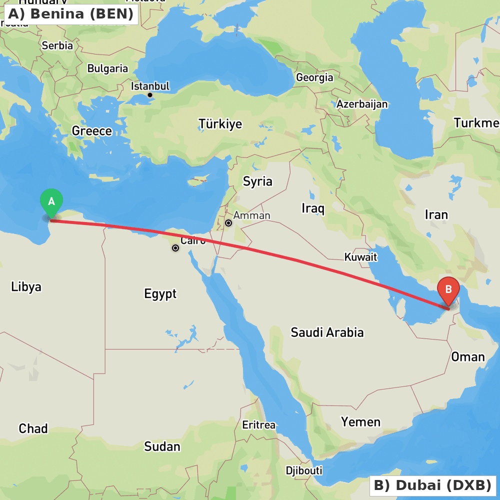 Flight route map from Benina to Dubai