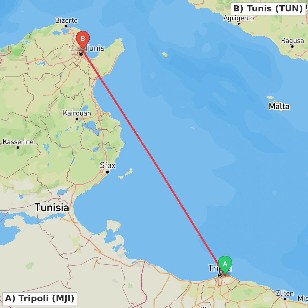 Flight route map from Tripoli to Tunis