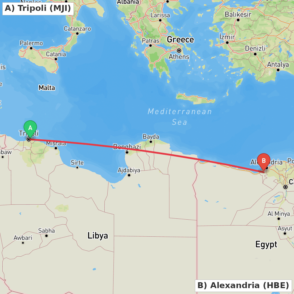 Flight route map from Tripoli to Alexandria