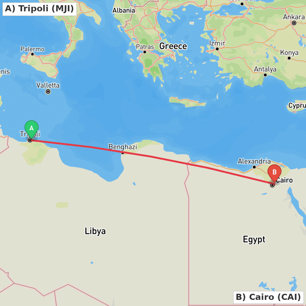 Flight route map from Tripoli to Cairo