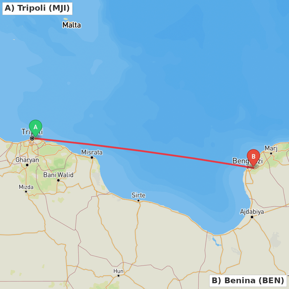 Flight route map from Tripoli to Benina