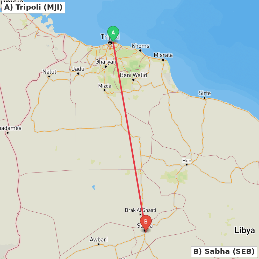Flight route map from Tripoli to Sabha