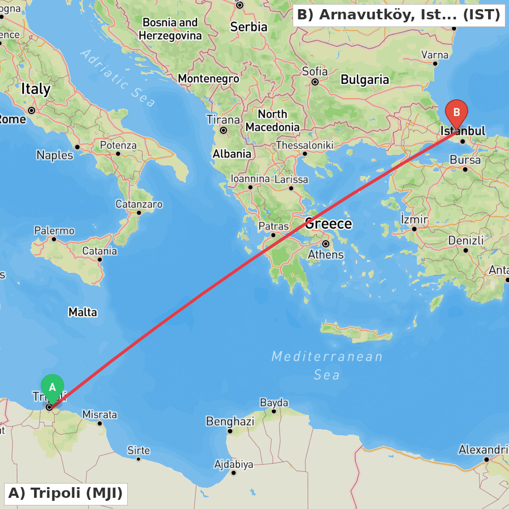 Flight route map from Tripoli to Arnavutköy, Istanbul