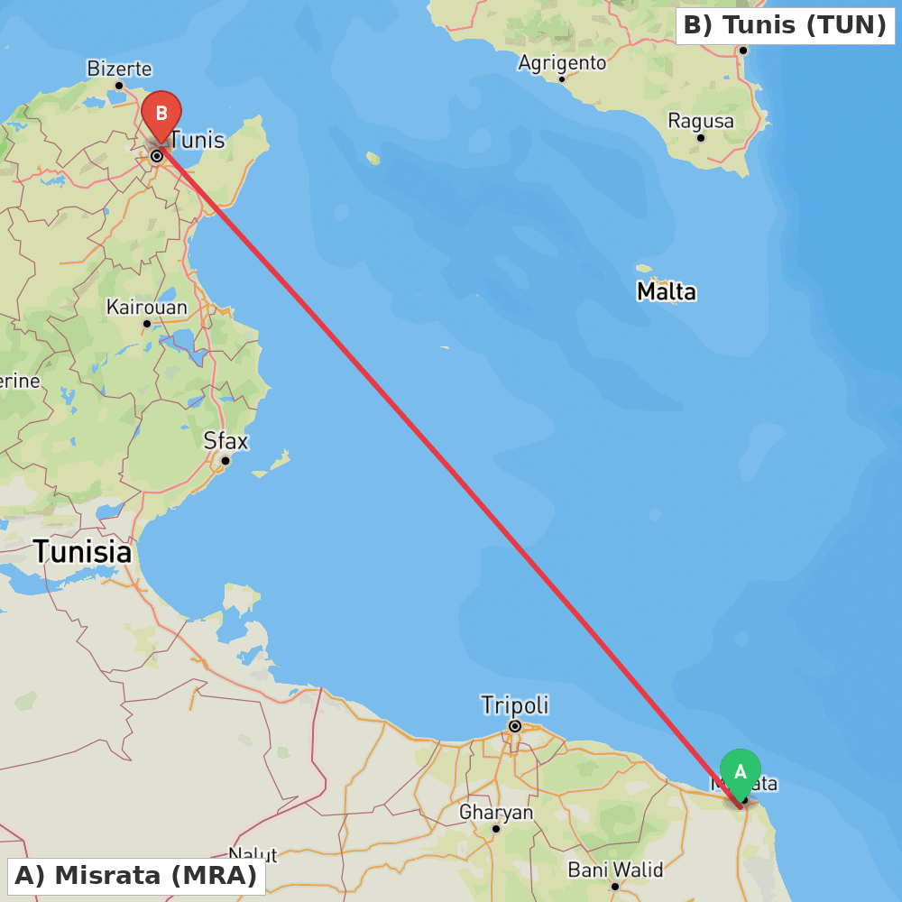 Flight route map from Misrata to Tunis