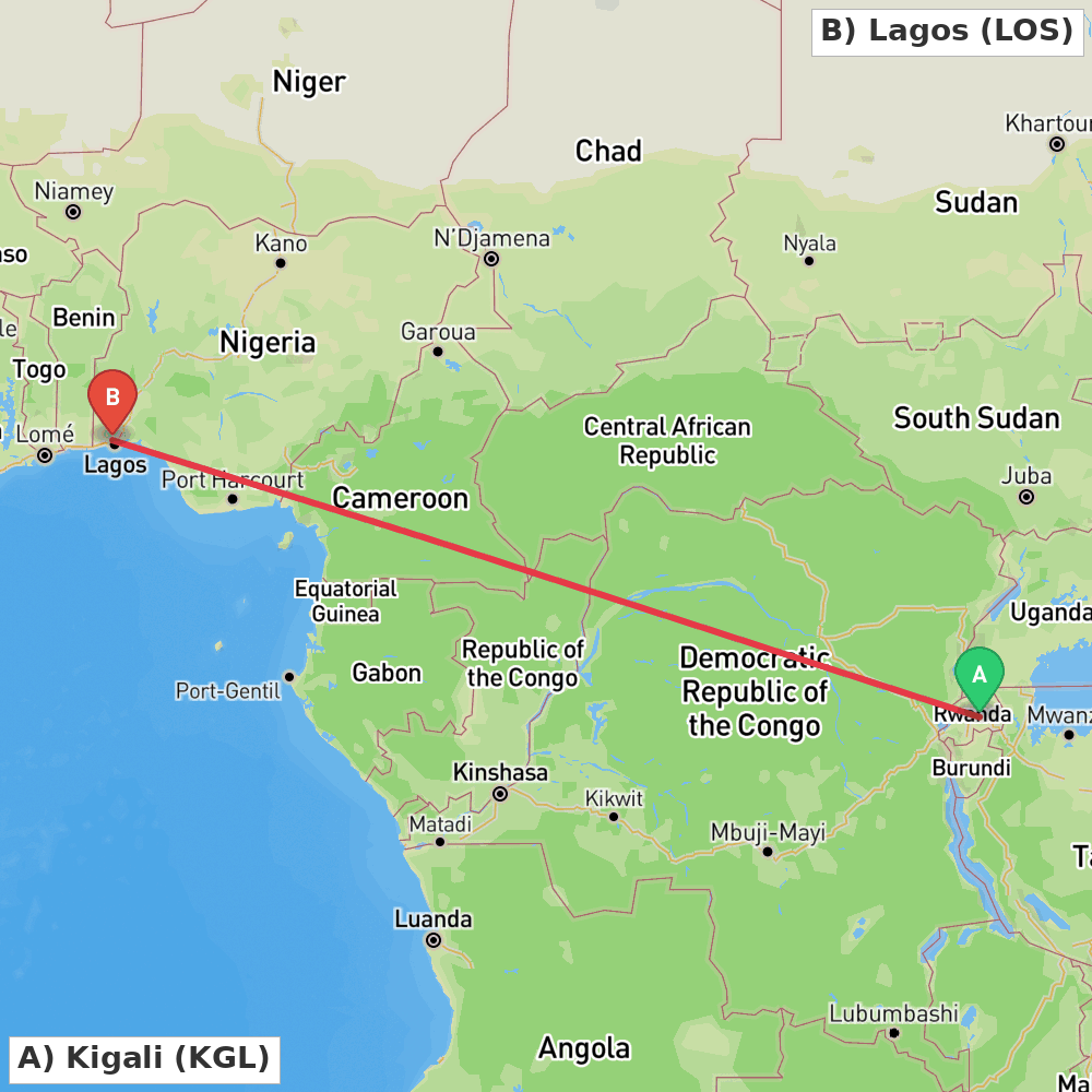 Flight route map from Kigali to Lagos