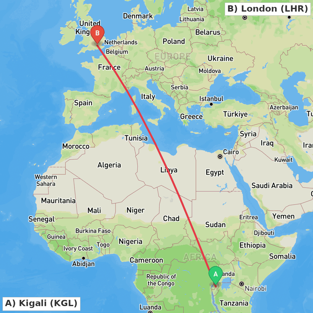Flight route map from Kigali to London