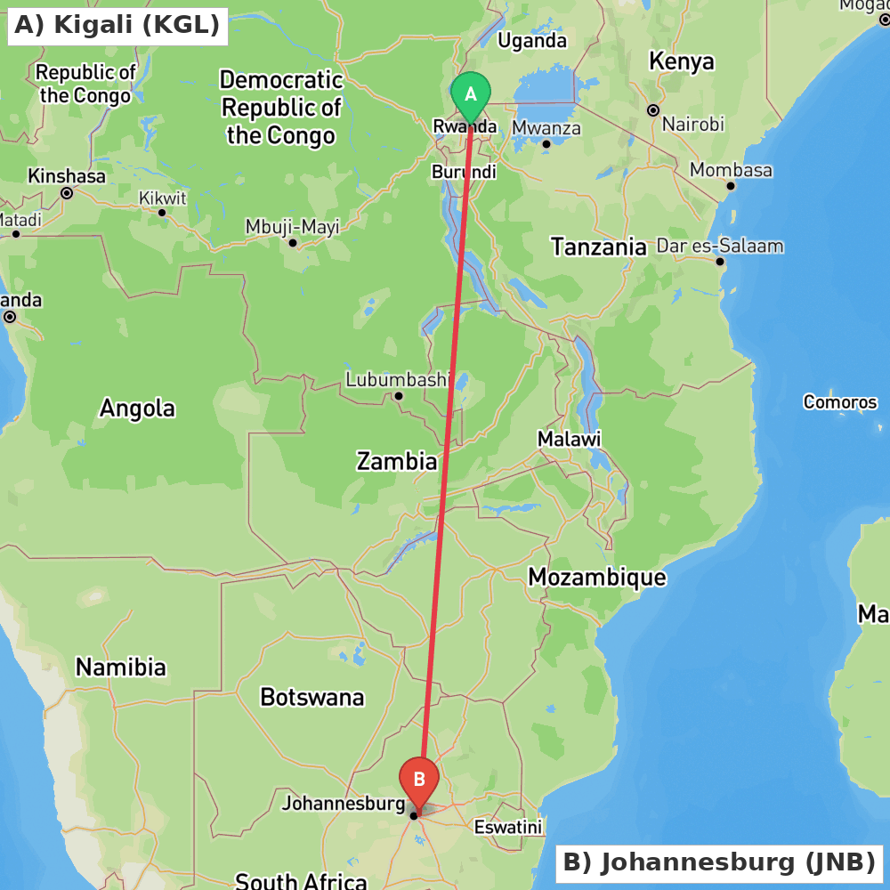 Flight route map from Kigali to Johannesburg