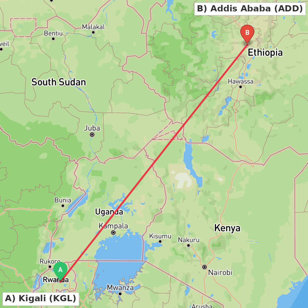 Flight route map from Kigali to Addis Ababa