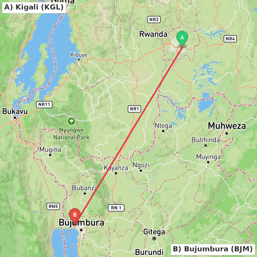 Flight route map from Kigali to Bujumbura