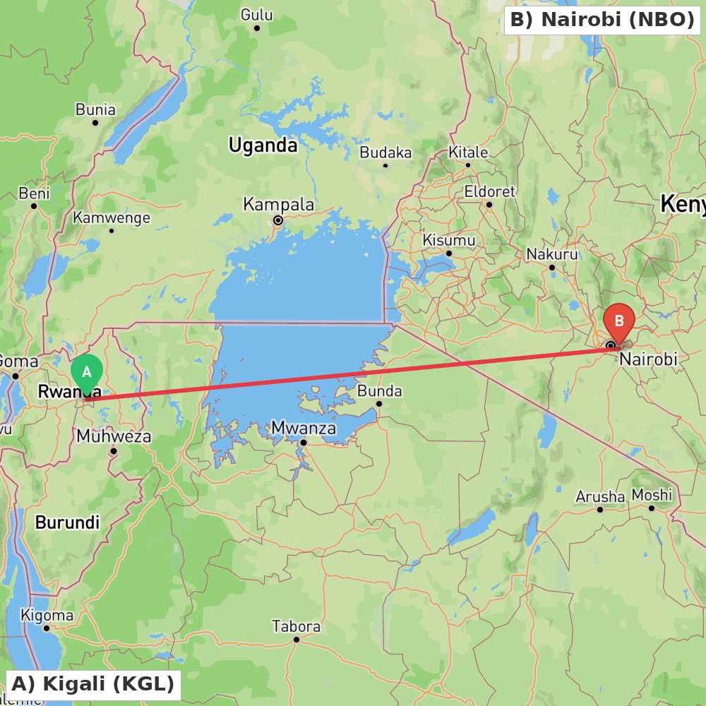 Flight route map from Kigali to Nairobi