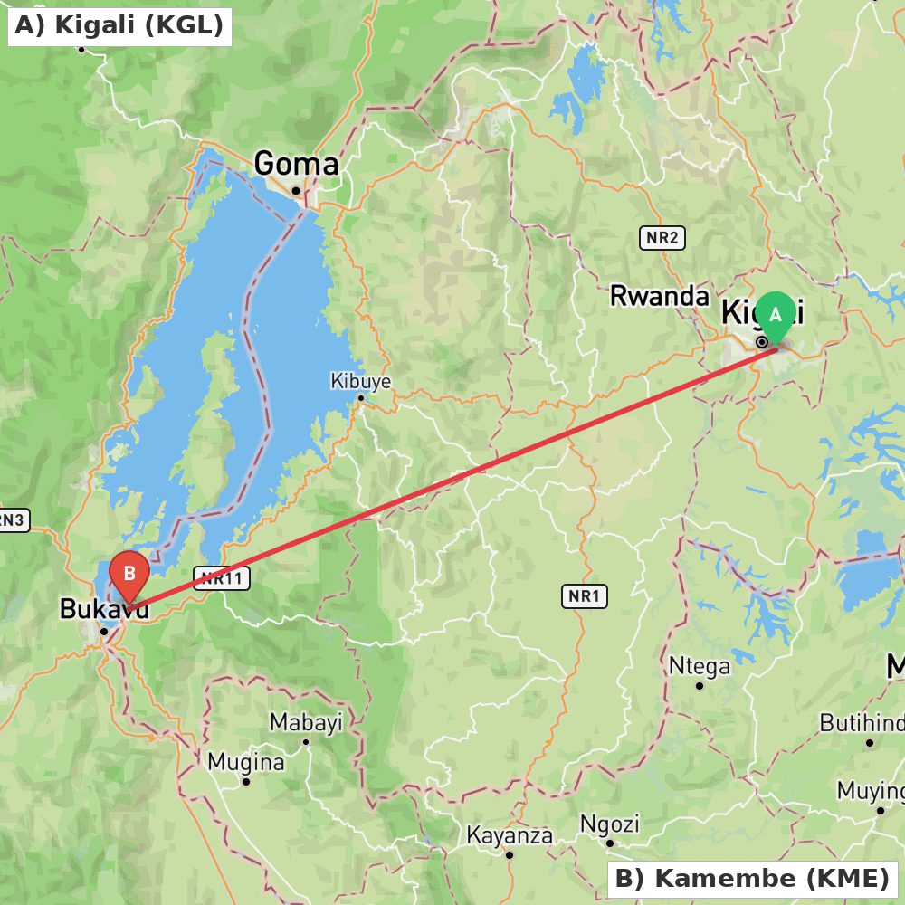 Flight route map from Kigali to Kamembe